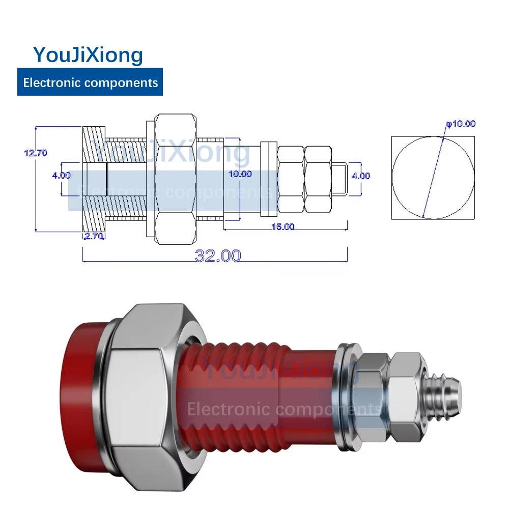 5PCS JXZ-2 Type 4mm Banana Socket M4 * 32 Pure Copper Terminal, Panel Socket 4MM Jack, Opening 10mm