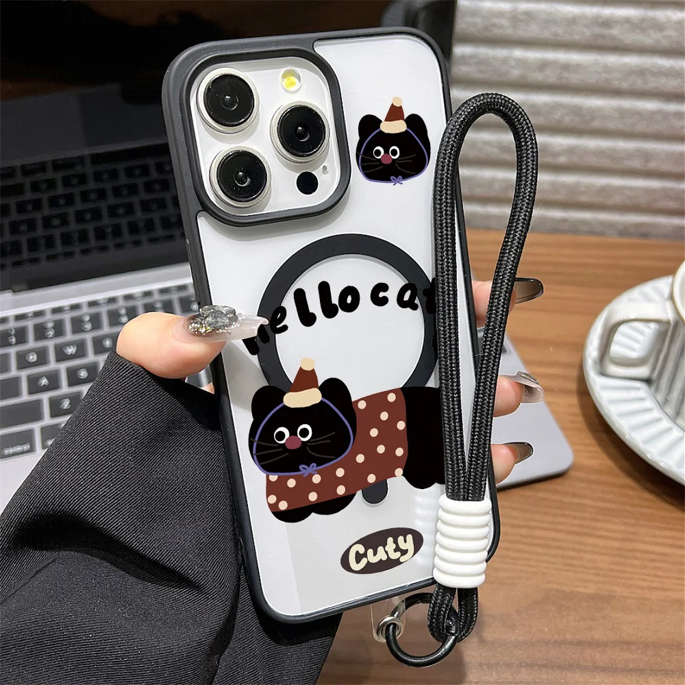Luxus Lanyard Magnetische Hallo Katze Telefon Fall Für iPhone 17 Pro 16 Pro Max 13 11 15 14 12 17 pro max Stoßfest Acryl Matte Abdeckung