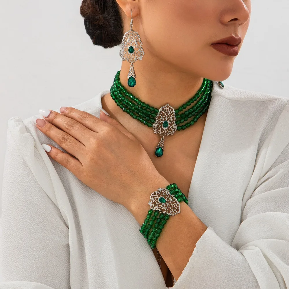 Baroque Style Bridal Tassel Drop Earrings Multilayer Shiny Necklace Earring Set Rhinestones Elegant Bridal Jewelry Set