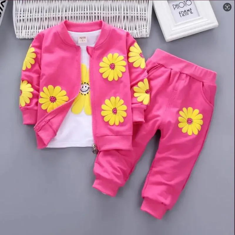 2024 Children\'s Spring Autumn Set Girls Long Sleeve Fashion Printed Zipper Coat +T-shirt+Pants Set Three Piece Infant Set 0-4Y