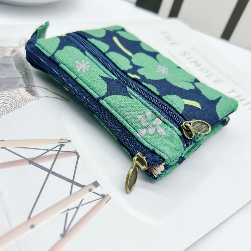 Retro Country Floral Printed Canvas Coin Purse Double Zipper Portable Small Change Pouch Mini Card Wallet For Ladies Daily Use