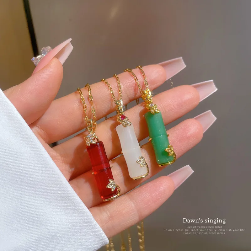 Women's Imitation Jade Jade Bamboo Pendant Necklace Retro Cool Style Small Simple Collarbone Chain Jewelry Engagement Gift 2023