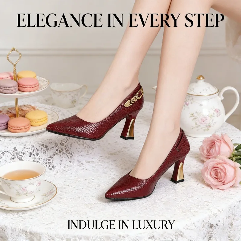 

Женские туфли-лодочки черные из кожи под змею с металлической цепочкой, на высоком каблуке, с острым носком, для свадьбы и вечеринок, большие размеры 33-42