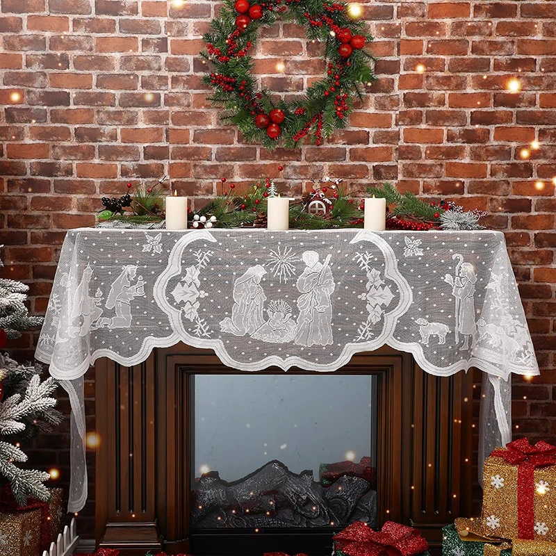 1 Stück Weihnachtliche Weiße Spitzen-Jesus-Girlande Kaminschürze für Familien-Wohnzimmer Innendekoration, 20 X 90 Zoll