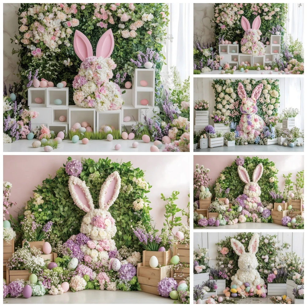 

Spring Easter Background Photography Flowers Rabbit Bunny Kids Birthday Party Decoration Baby Shower Backdrop Photobooth Props