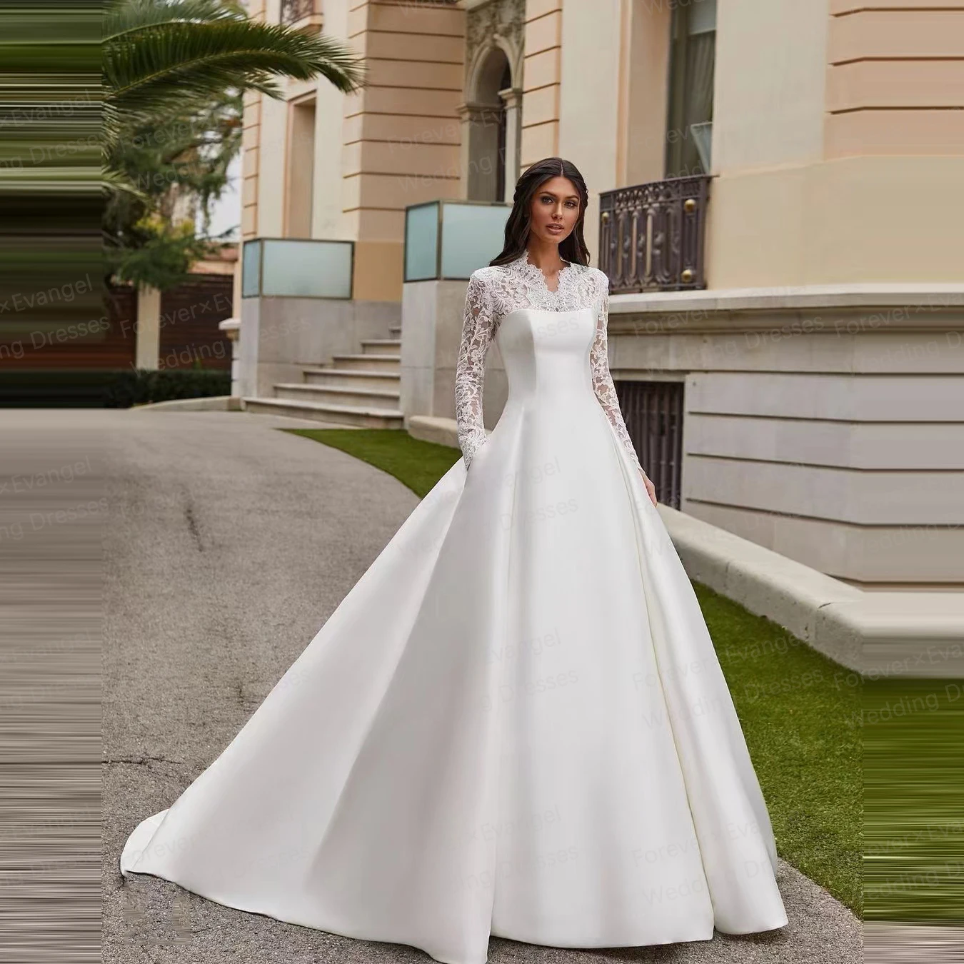 Elegante Sexy Applikationen Brautkleider A-Linie Frau V-Ausschnitt Langarm Braut Kleider Satin rückenfrei elegante maßgeschneiderte Vestidos