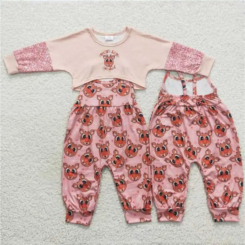 

Wholesale Children Christmas Deer Champagne long sleeve pink pantsuit for baby boys and girls matching boutique pajamas