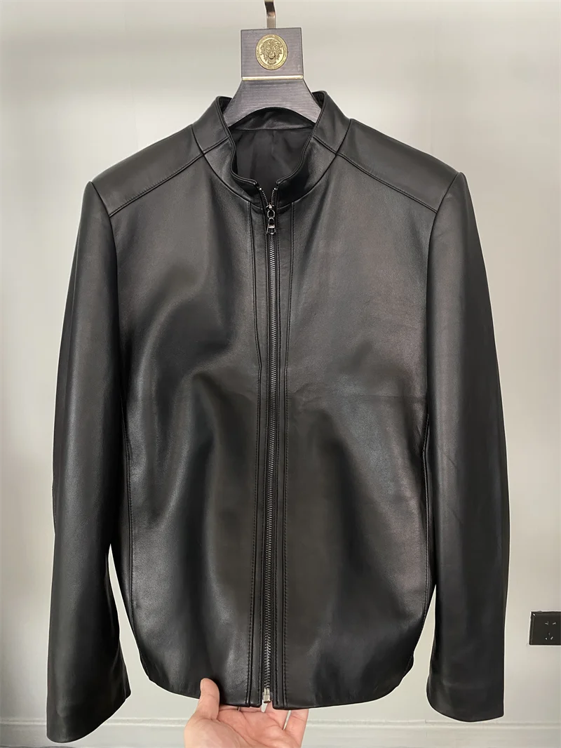 

Мужская роскошная кожаная куртка из овчины с классическим воротником-стойкой, мотоциклетный жилет из цельной кожи, весна-осень, высокая мода