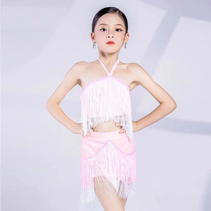 

Latin Dance Costume Pink Tassel Tops Skirt Competition Clothing Girls Rumba Samba Dancewear Children Practice Wear DL10555