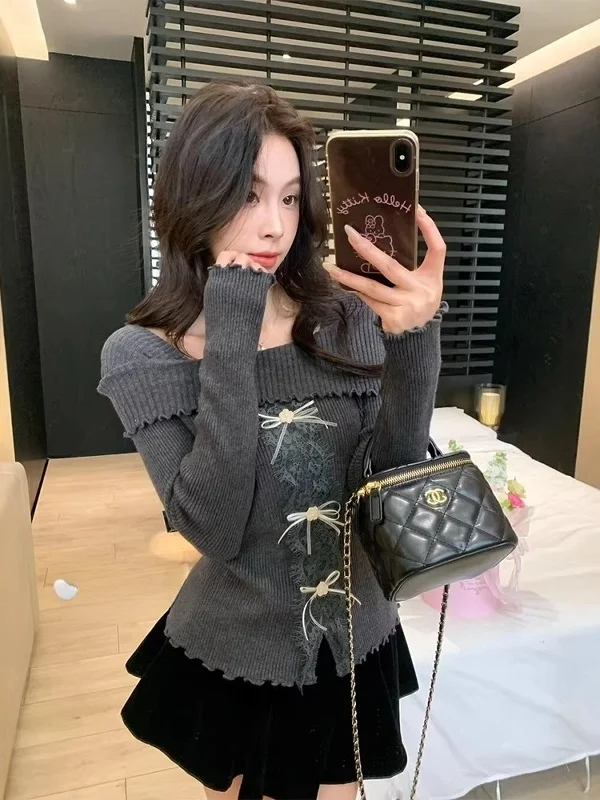 

French Sle Long Sve Lace Knitted Sweater Women's Knot One oulder Base irt Autumn Winter Soft Combed Cotton