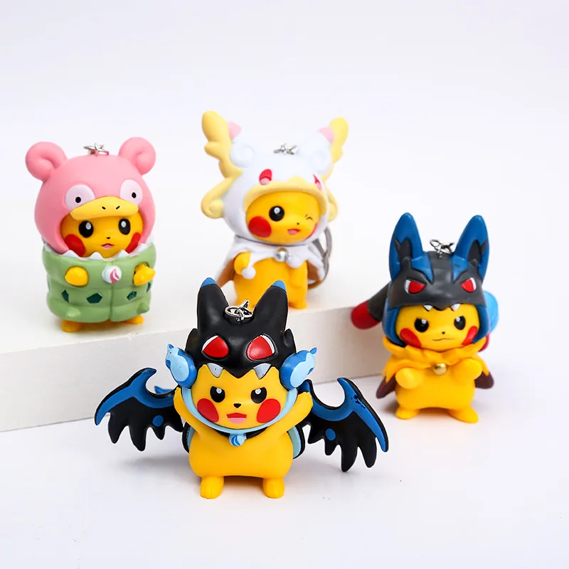 Pikachu gantungan kunci karakter kartun PVC, 7 buah/set gantungan kunci bel kecil 7.5cm