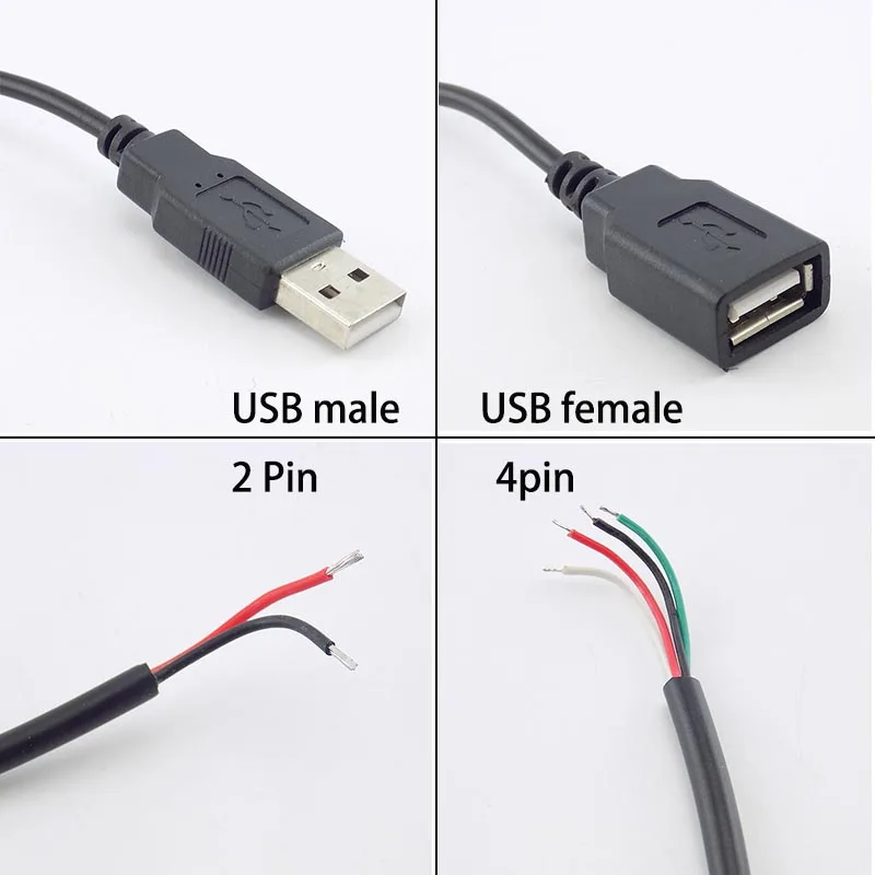 5pcs/Lot Micro USB 2.0 A Female Male Jack Power Supply Extension Cable 4 Pin 2 Pin 4 Wires DIY Data Line Charging Cord m20