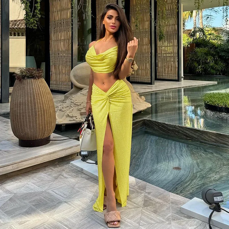 

Ladies Sexy Pile Neck Halter Personality High Slit Half Skirt 2024 Spring Summer Women's New Fashion Diamond Set POLYESTER