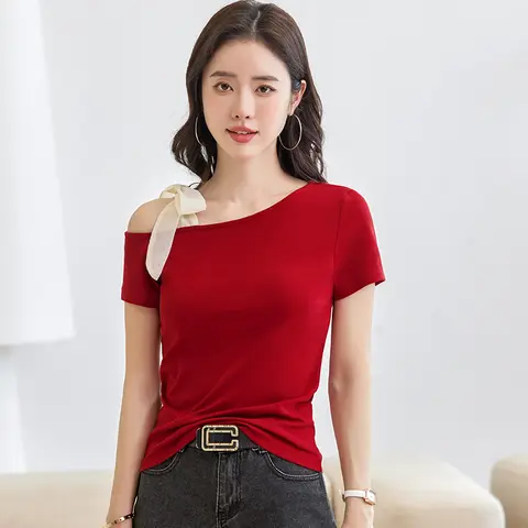 New Women's Sexy Slash Neck Off Shoulder T-Shirt Cotton Slim Fit Solid Color Short Sleeve Casual Top