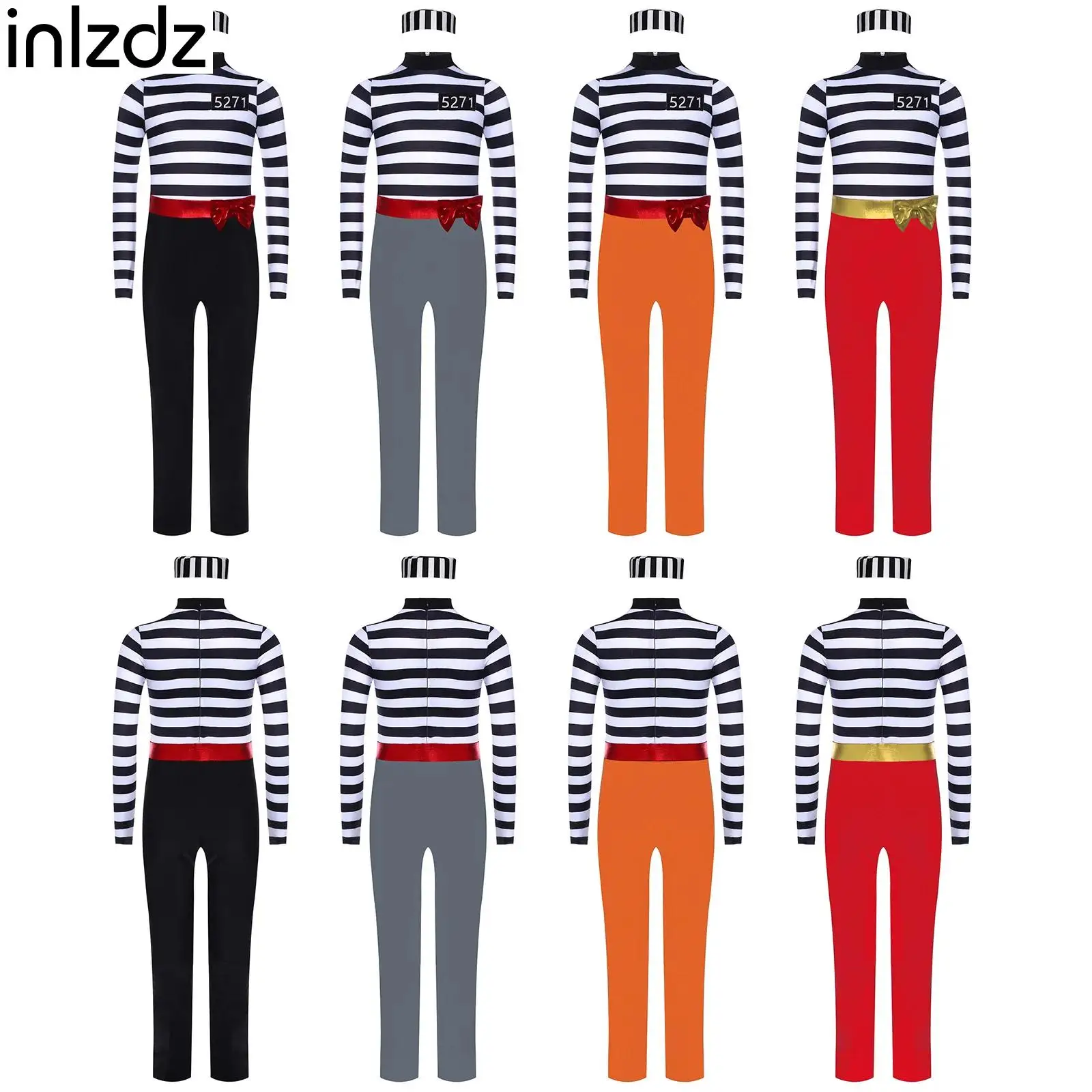 

Girls Prisoner Cosplay Dress Up Long Sleeve Jumpsuit Prisoner Hat 2Pcs Suit for Festival Party Halloween Jailbird Inmate Costume
