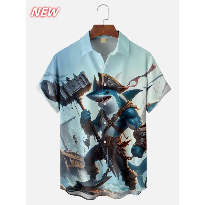 القرش الدجاج القط نمط قميص هاواي صيفي الرجال الهيكل العظمي ثلاثية الأبعاد مطبوعة قصيرة الأكمام بلوزة ملابس بحر عادية زر قمصان ألوها فضفاضة #4