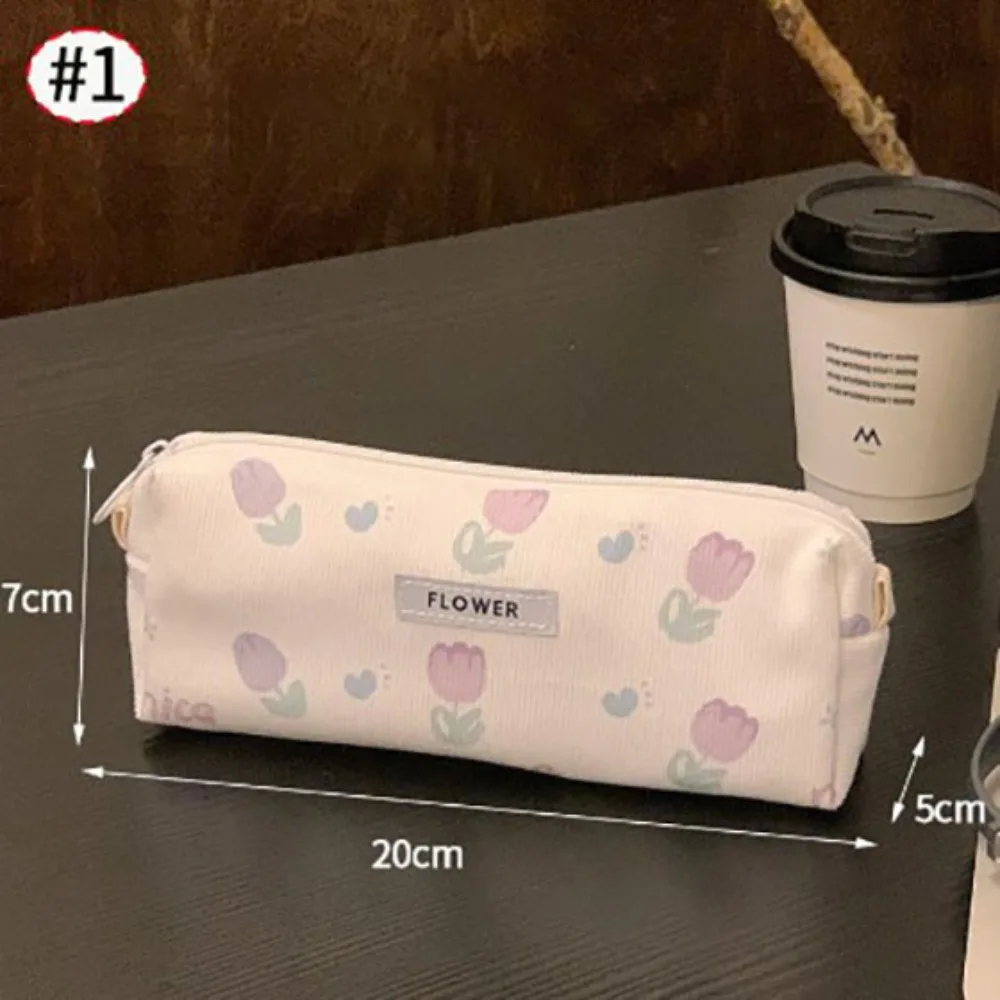 Large Capacity Tulip Pencil Case Resistant To Dirt Corduroy+polyester Portable Large Capacity Pencil Box Tulip Flowers