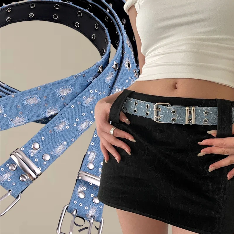 Vintage Double Row Belt Women Y2K Punk Star Waist Strap Trendy Waistbands Buckle Belts Girls Hollow Jeans Skirt Accessories