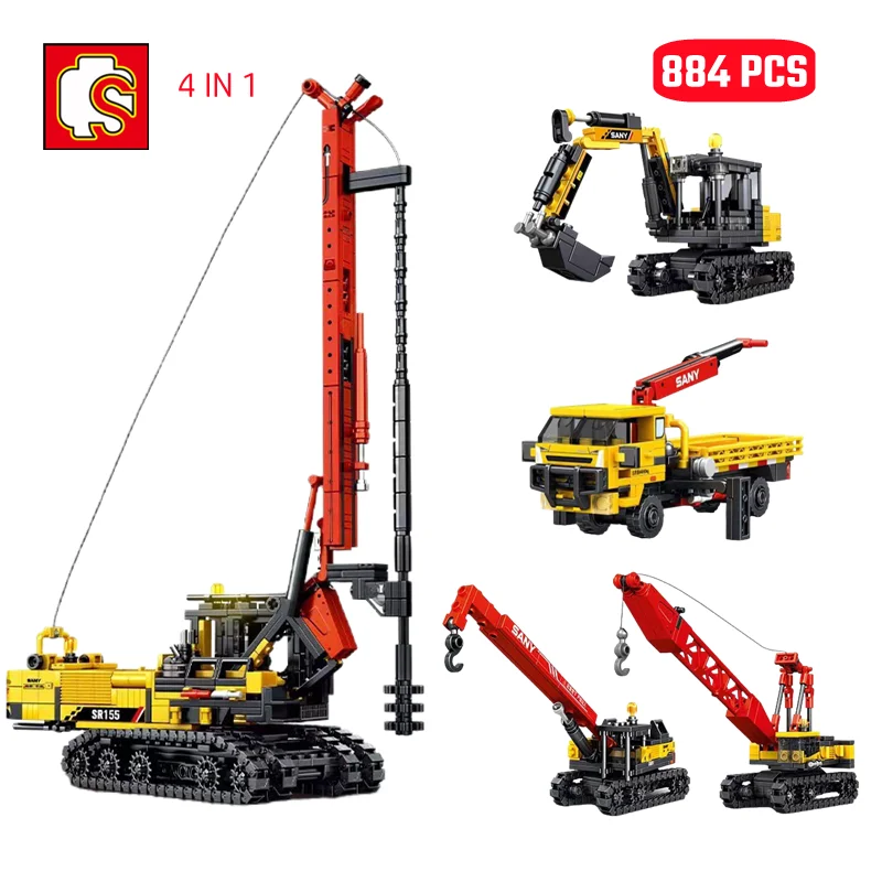 4in1 Rotary Drilling Rigs Building Blocks Kit City Construction Engineering Vehicle Excavator Crane Truck Bricks Kids Toys Gifts