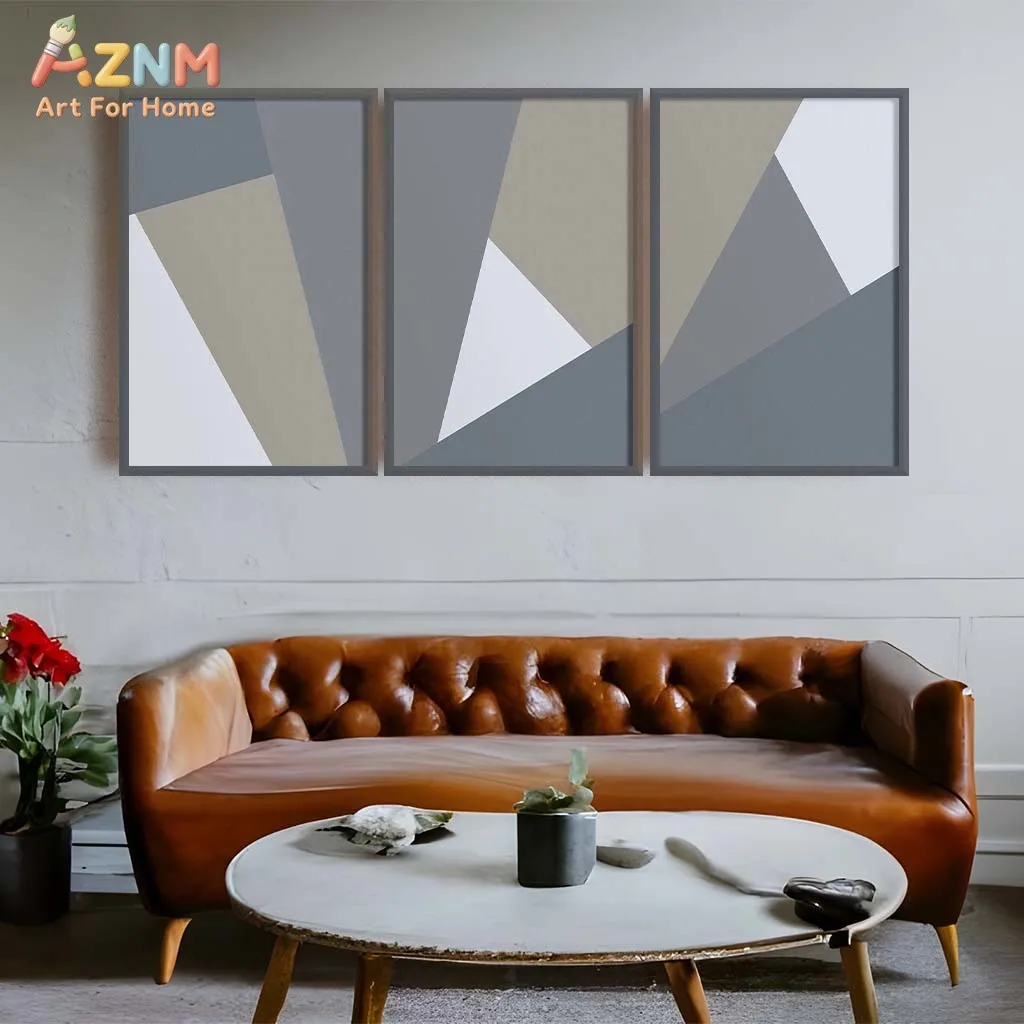 3pcsAZNM Geometric Abstract Canvas Wall Art Print Set, Gray Beige White Triangle Shapes Modern Minimalist Posters, Unframed Neut