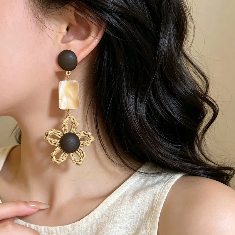Woven Flower Earrings: Long Earrings Featuring a Mix of Wooden Beads and Seashells—Unique, Vacation-Inspired Studs