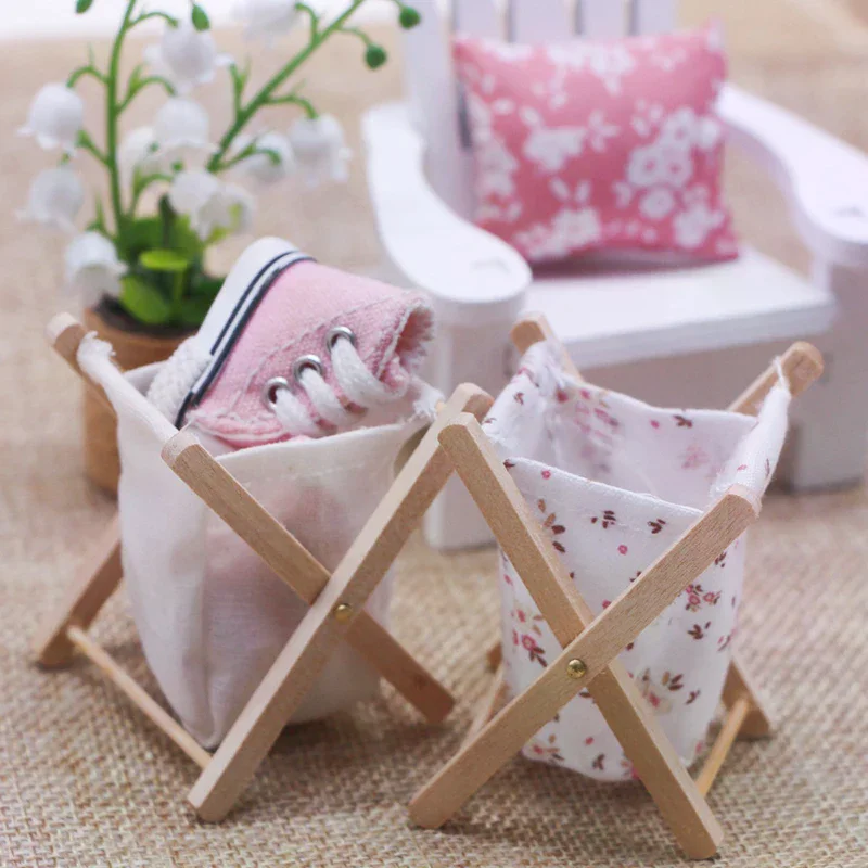 

Bedroom Shoes Storage Basket Model Decor Kids Toys1:12 Dollhouse Miniature Fabric Folding Dirty Clothes Basket Bathroom