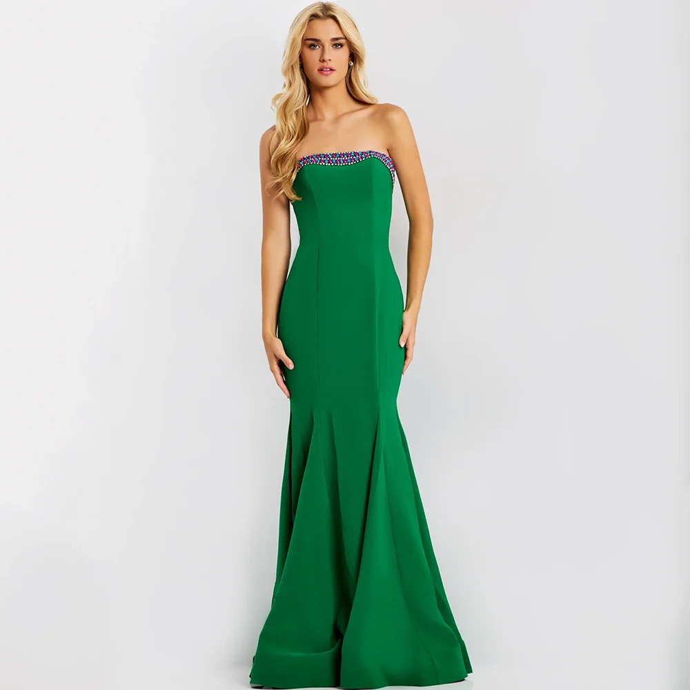

Простое зеленое вечернее платье-русалка с оборками, индивидуальной вышивкой бисером, без рукавов, с открытой спиной, в пол, для выпускного вечера и торжественных мероприятий