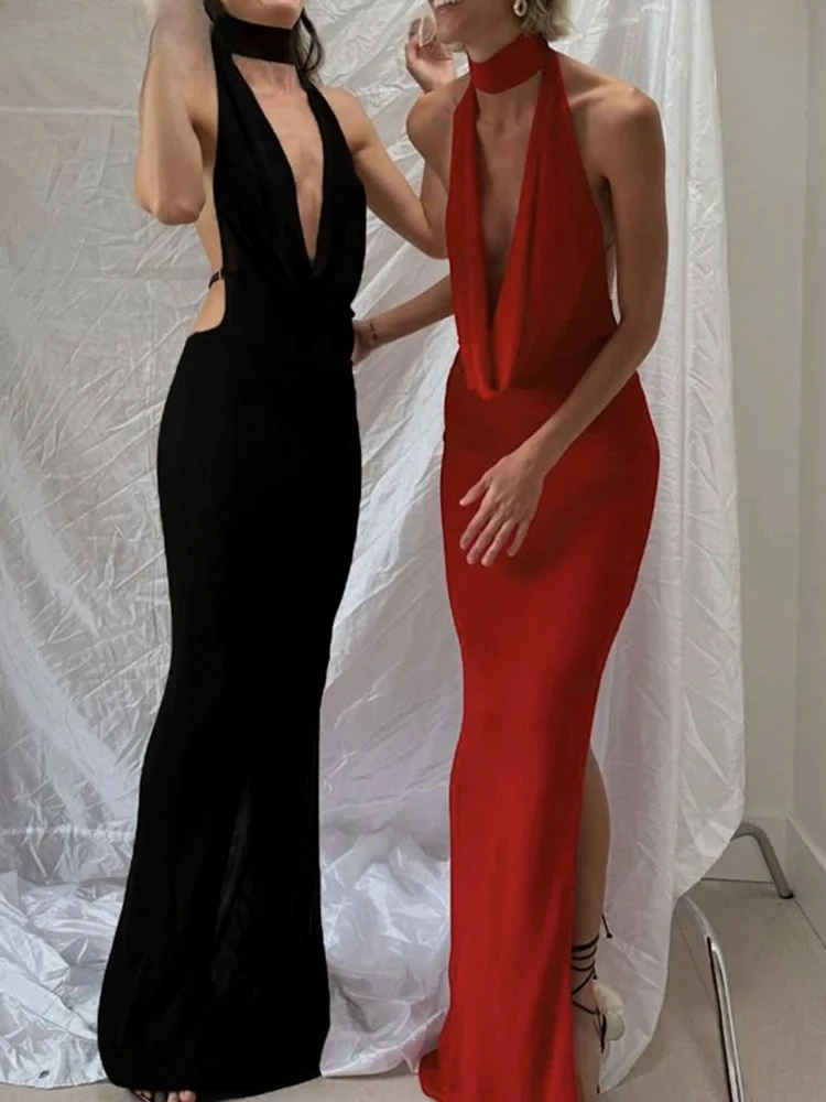 Vestido Halter hueco para mujer, cuello bajo, espalda descubierta, Sexy, sin mangas, aberturas, tendencia, banquete de medianoche, ceñido largo coqueteo