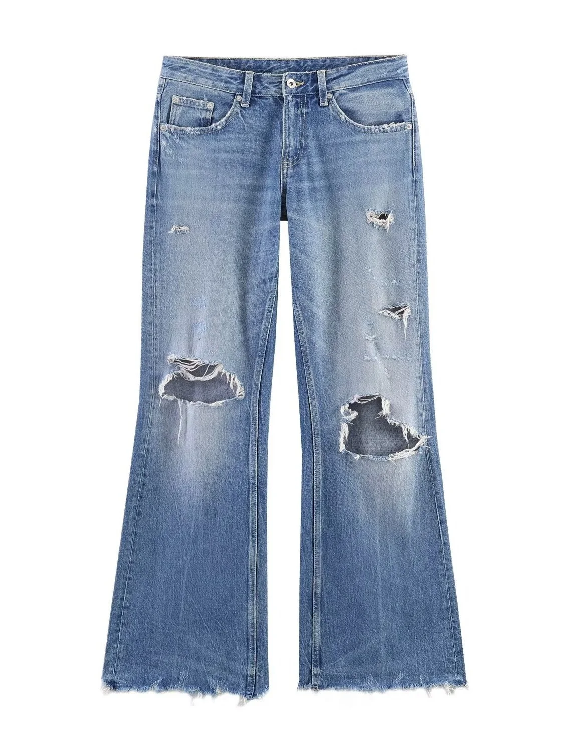 

WMXZ Women's Spring Fashion Hole Decoration Loose Casual Bell Bottom Jeans mid Waist Denim Pants Ladies Spring New Arrival