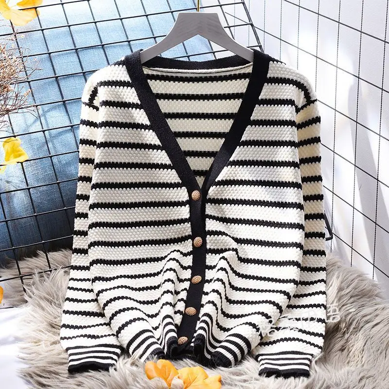 Korean Simple Striped V-neck Single Breasted Knitted Cardigan Coat Women's Casual Loose Long Sleeve All Match Sweater Top Jumper