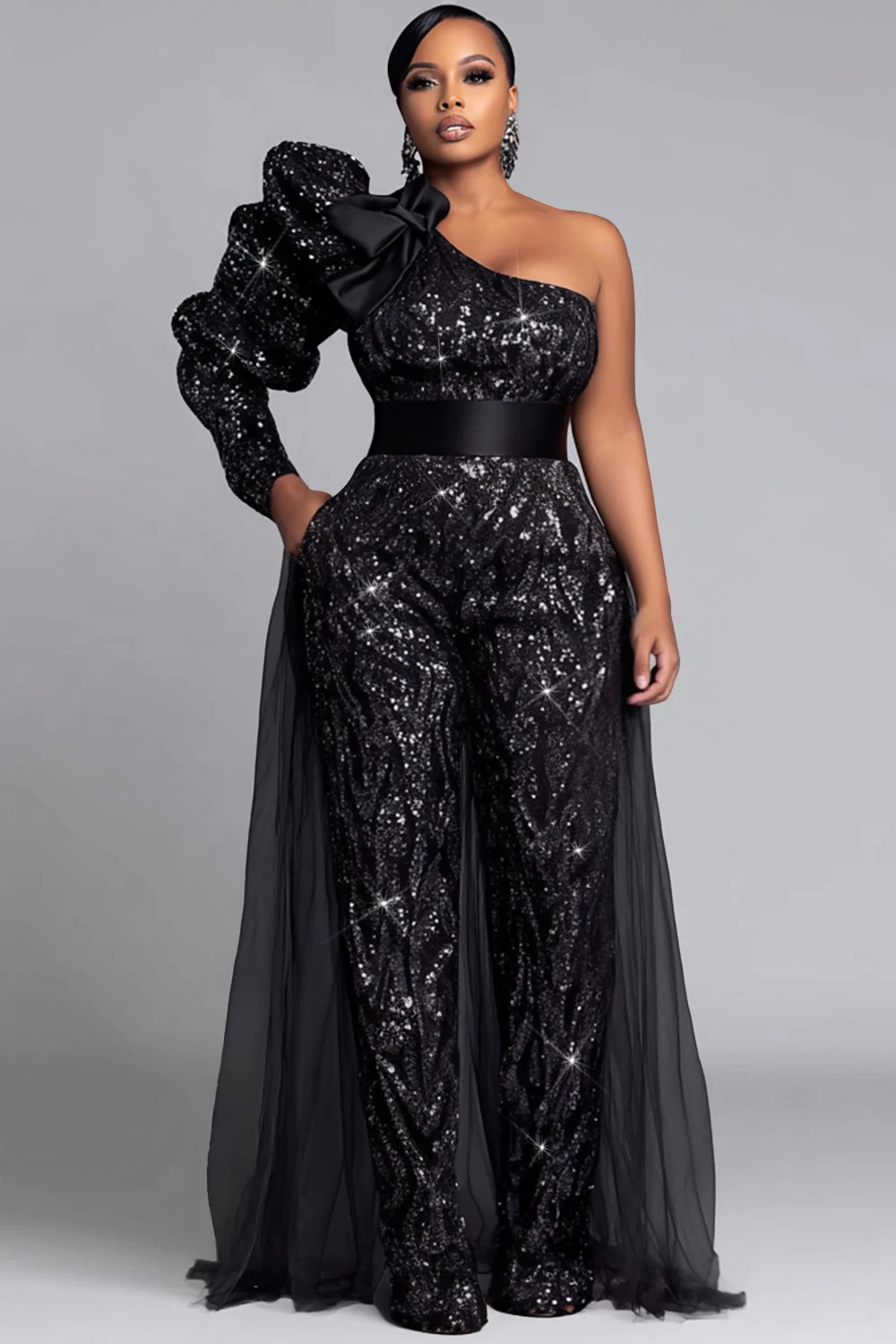 

Plus Size Formal Black One Shoulder Long Sleeve Peplum Elegant Pocket Sequin Jumpsuits