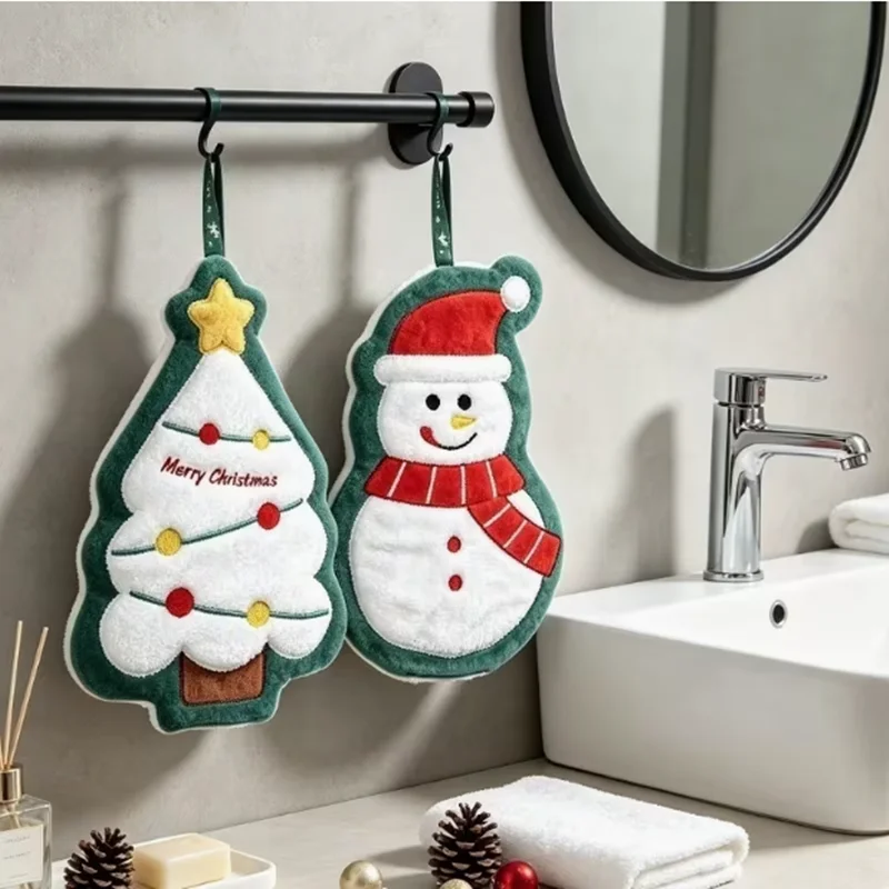 2pcs Christmas hanging towel set cute plush Christmas tree and snowman-shaped absorbent towels, a Christmas home decoration gift