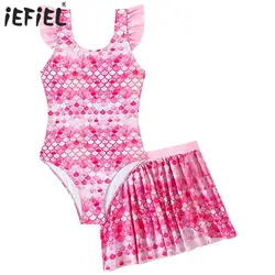 Kids Girls Mermaid Costumes Swimsuit Flying Sleeve Fish Scales Print Swim Bodysuit and Swim Skirt Set Pool Beach Bathing Suits