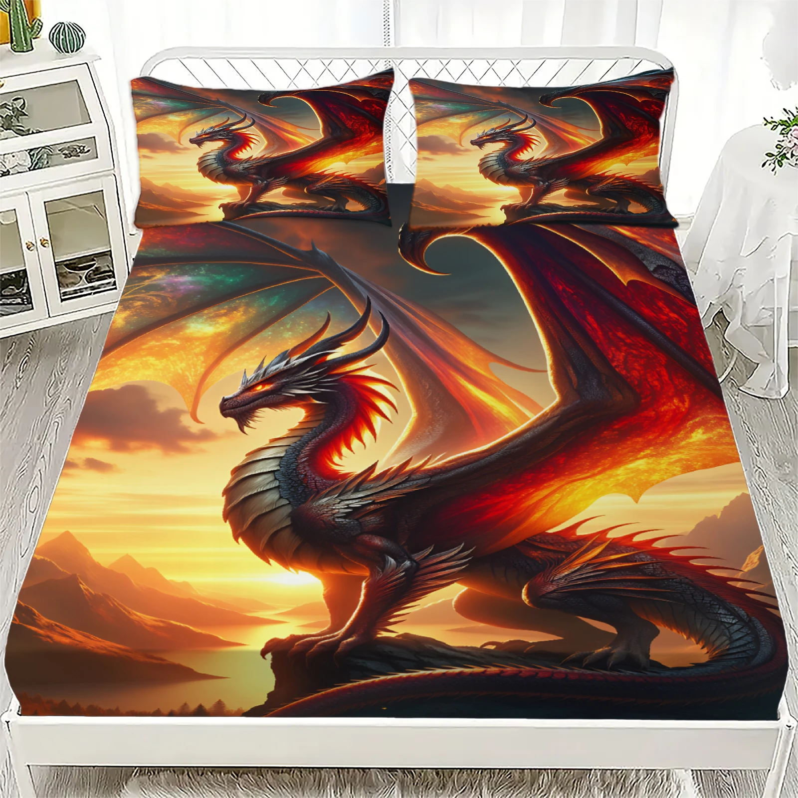 3pcs Fitted Sheet Set Dragon 3D Printed Fire Dragon Breathable Anti-Slip Easy Care Bed Sheet With Pillowcases For Bedroom Decor