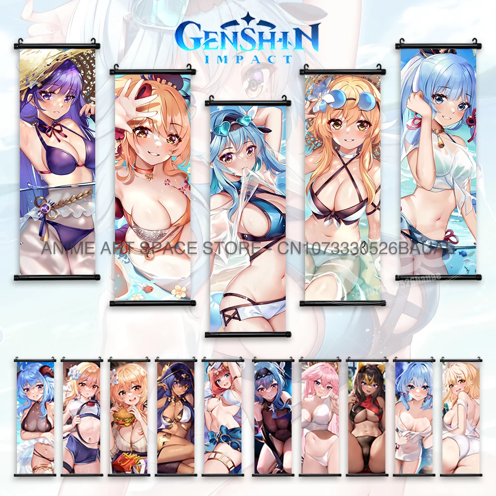 

Genshin Impact Hanging Painting Sexy Anime Girl Poster Keqing Home Decor Kamizato Ayaka Wall Artwork Ganyu Scroll Picture Mural