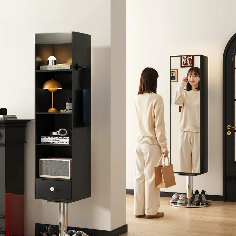 Medieval full-length mirror household floor  rotatable mobile full-length mirror magazine bookshelf storage fitting