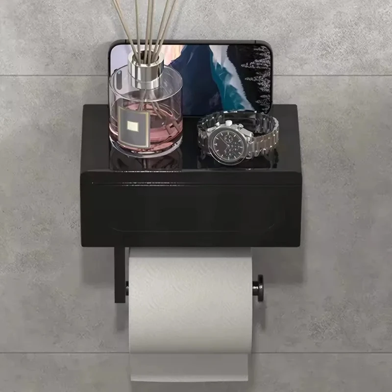 

Sleek Black Toilet Paper Holder Wall-Mounted With Shelf No-Drill Durable Bathroom Storage
