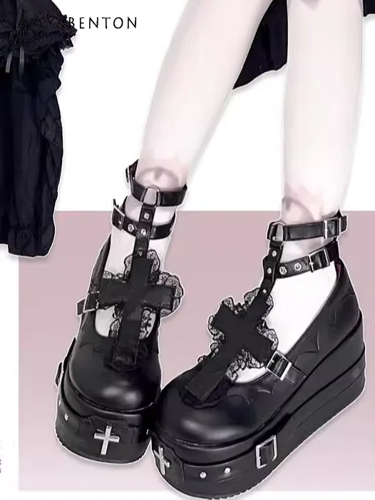 

Original Goth Platform Shoes Subculture Lolita Muffin Shoes Shallow Mouth Round Head High Heels Street Punk Cross Leather Shoes