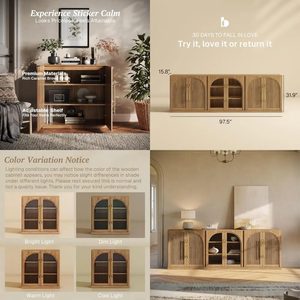 

Комплект из 3-х секций Ular: буфет-сервант с 2 арочными деревянными дверцами и 1 стеклянной дверцей-витриной, классический современный шкаф для хранения