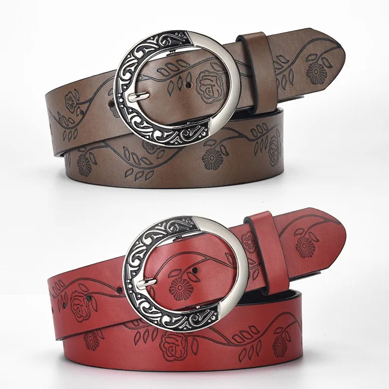 Women Vintage Floral Embossed PU Leather Belt Round Carved Metal Pin Buckle Waist Belt Female Decorative Belts For Jeans Dresses