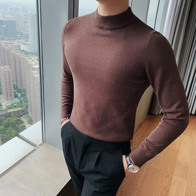 Spring Autumn Thin Half Turtleneck Men Long Sleeve Sweater Fashion Simple Slim Fit Casual Oversized Knitted Clothing Black White