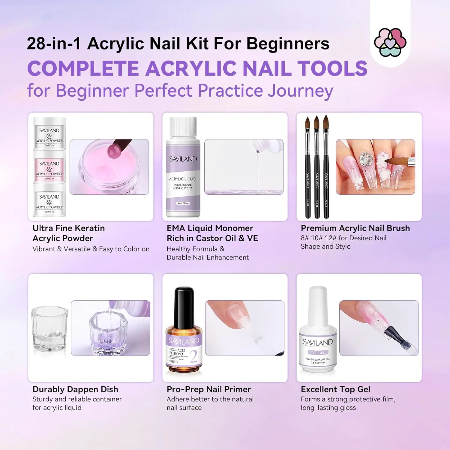 Kit complet d'ongles en acrylique avec perceuse pour débutants : comprend des poudres scintillantes, un ensemble de liquides et 100 embouts pour la manucure à domicile