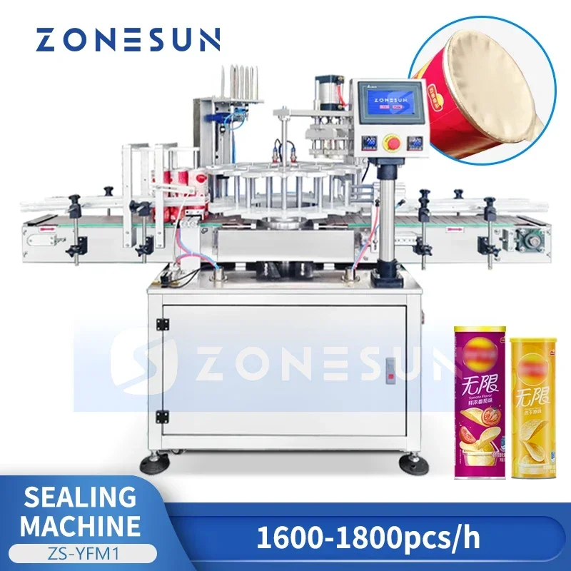 Zonesun ZS-YFM1 Automatic Aluminum Foil Heat Sealer Potato Chips Can Sealing Machine Stackable Chips Canister Sealing Machine