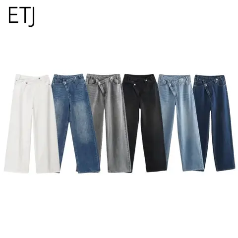 ETJ 2025 new women's basic classic all-match fashion cross waist high waist  wide leg jeans female 8197232