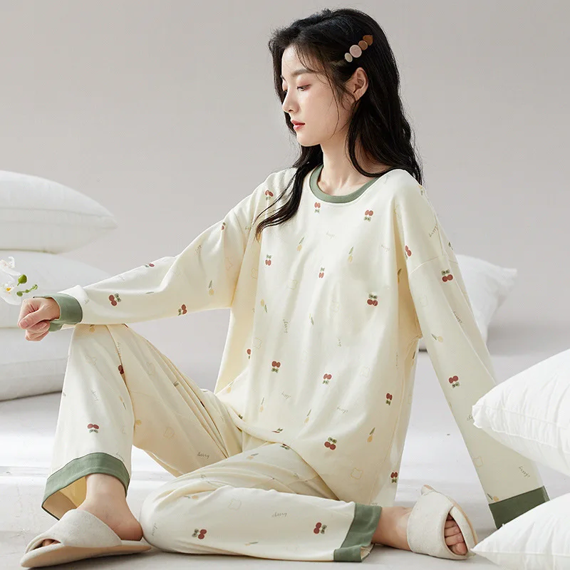 New Ladies Pajamas Two-Piece Spring And Autumn Pajamas Female Long-Sleeved Cute Cartoon Loose College Style Homewear Female Suit