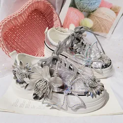 Low Top Silver Fantastic Crystal Flower Wedding Shoes for Lady Casual Flats Loafers Sneaker Women Diamond Bow Thick Sole High