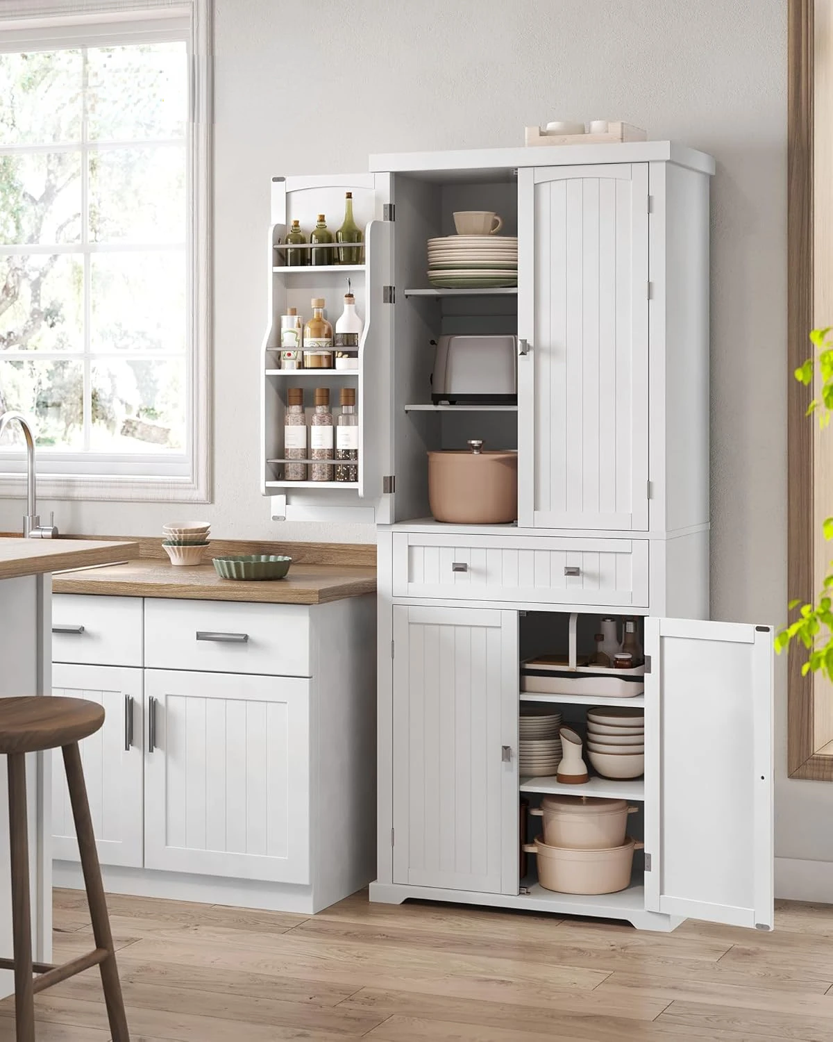 

Freestanding Tall Cupboard Storage Cabinet with a Drawer, Adjustable Shelves, Door Shelves, for Living Room, Kitchen