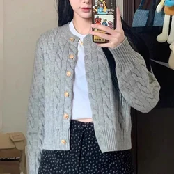 Preppy Style Gray Twist Sweater Cardigan Women Korean Chic Long Sleeve Knitted Cardigans Woman Round Neck Cropped Sweaters Coats