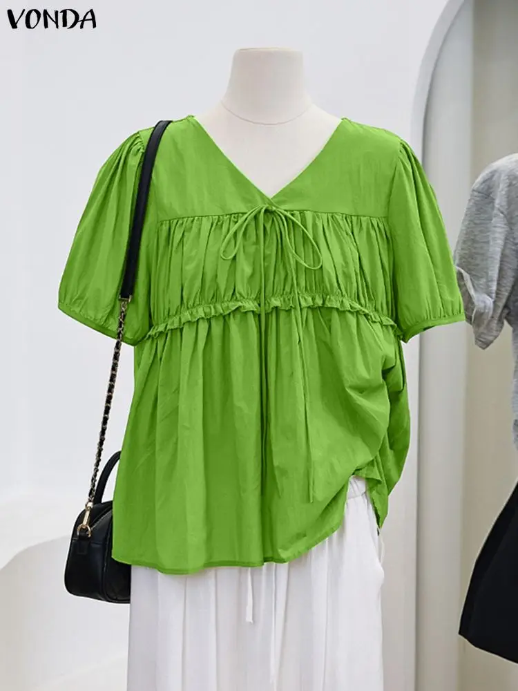 VONDA Fashion Tops Women Summer Short Puff Sleeve Blouse 2025 Stylish Pleated Ruffled Shirts V-Neck Bandage Casual Solid Blusas