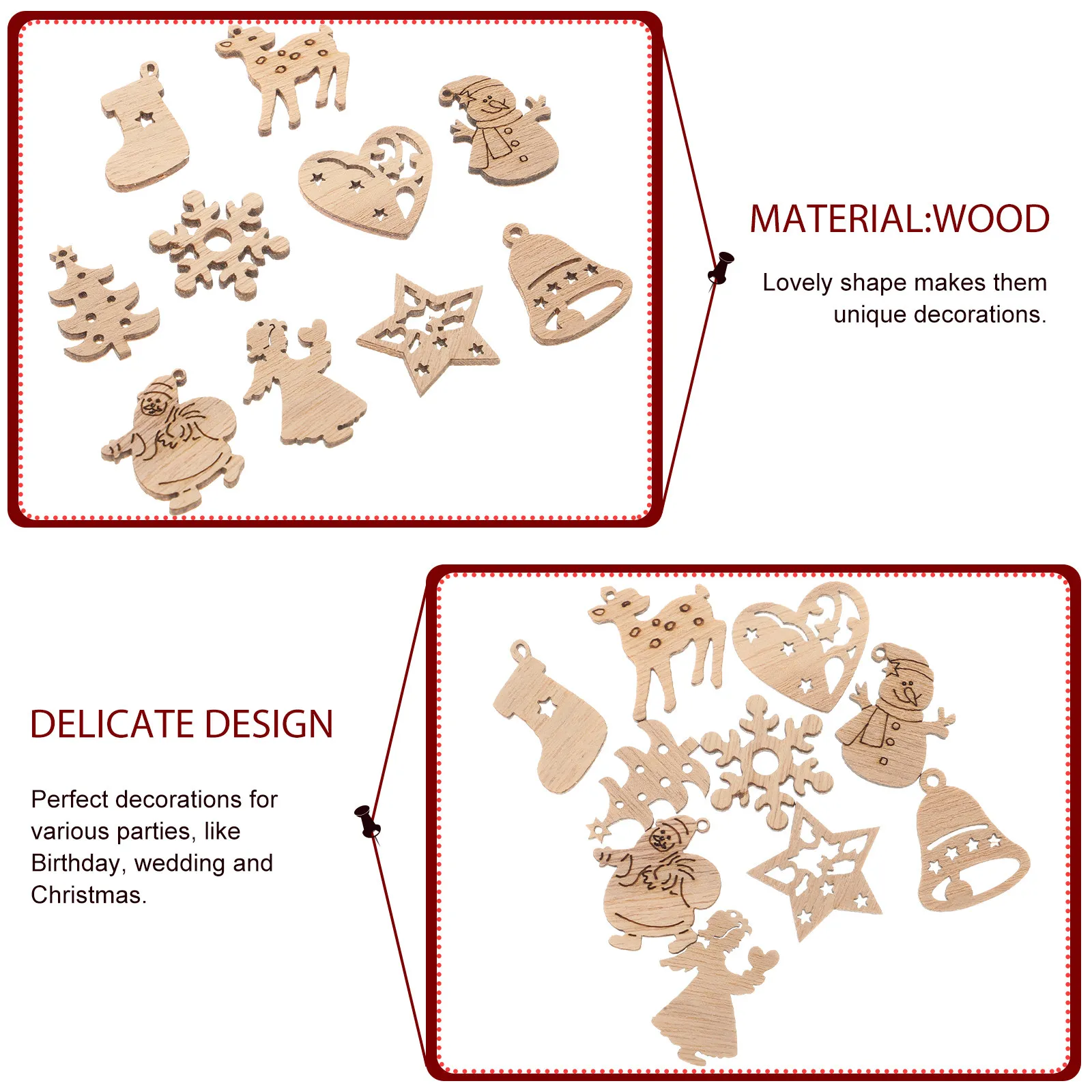 Wooden Craft Shapes Cutouts 50pcs for DIY Decorations – Smooth Edges, Christmas Birthday Wedding Party Embellishments